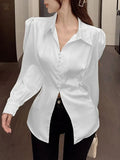 Qfdian  Korean Versatile Hollowed Out Lapel Women Shirt Top Elegant Slim Fitting Office Women's Back Bow Fluffy Sleeve Casual Shirt