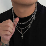 Qfdian  Punk Silver Color Cross Pendant Necklace for Women Men Gothic Hip Hop Metal Star Tassel Multi Layer Necklace Party Jewelry Gifts