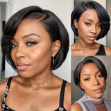 Qfdian Pixie Cut Wig Jet Black Straight Short Cut Bob Synthetic Lace Front Wig Glueless Layered Hair Frontal Lace Wigs for Women