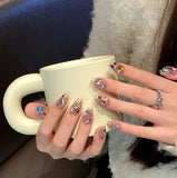 Qfdian  10pcs Sweet Cool Press on Nails Blue Cat Eye False Nails 3D Silver Star Fake Nails Glitter Rhinestone Nail Art Short Coffin Nail