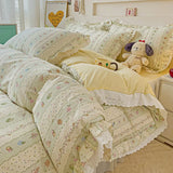 Qfdian 3/4Pcs Pastoral Floral Lace Ruffles 100% Cotton Bedding Set Single Queen Duvet Cover Bed Skirt/Bed Sheet/Fitted Sheet Pillowcase