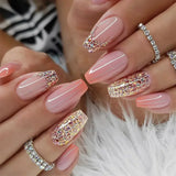 Qfdian 24Pcs Gradient Short Ballet Nails Set with Glue White Simple False Nails Coffin Fake Nail Press on Nails Full Cover Nail Tips