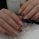 Qfdian  24pcs Retro Almond Press On Nails Brown Marble Cracks Ice Flower Printed False Nails European Wearable French Style Fake Nail