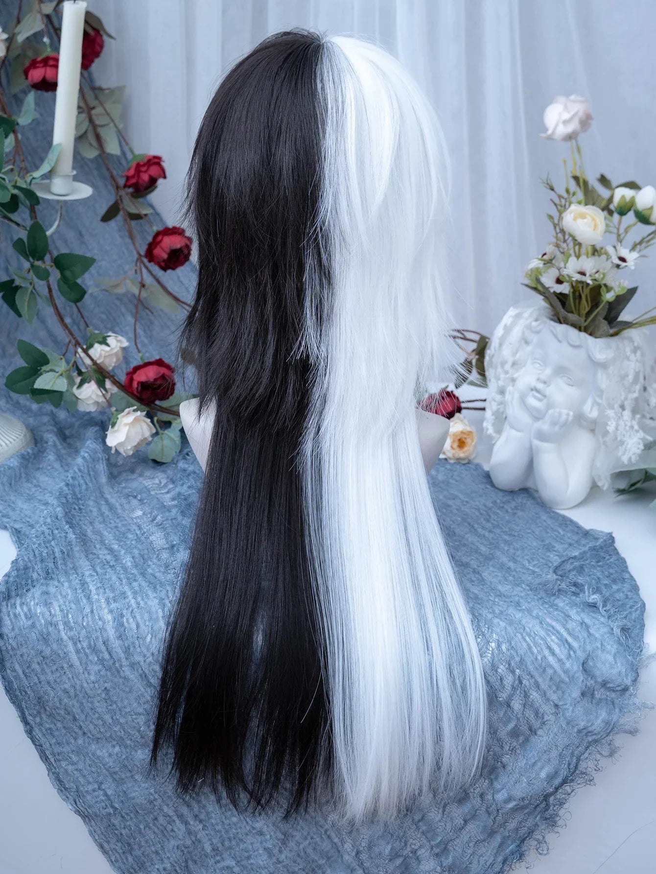 Qfdian 28Inch Black and White Dashing Synthetic Wigs With Bang Long Straight Hair Wig for Man or Women Cosplay Daily Use Heat Resistant