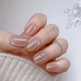 Qfdian 24Pcs Nude Pink Nail Tips Short Round Head False Nails with Design Wearable Finished Fake Nails Full Cover Press on Nails