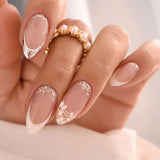 Qfdian  24Pcs Solid Color Grey Almond Fake Nail Cat's Eye Design Wearable Round Head False Nails with Shiny Powder Press on Nails