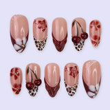 Qfdian  24pcs Red Cat Eye Press on Nails Pearl Heart Stick on Nails Bow French Fake Nails Sweet Cute Flower Nail Almond 3D False Nail