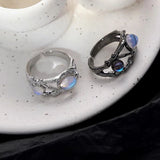 Qfdian  Punk Geometry Moonstone Open Dark Metal Ring For Women Girls Fashion Vintage Jewelry Y2K EMO Grunge EMO Accessories