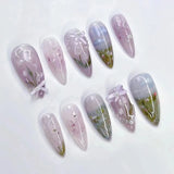 Qfdian  24pcs Press on Fake Nails Set Almond Wearable Simple French Flower False Nail Art Gold Beads Design Diamond Manicure Tips