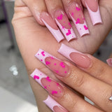 Qfdian 24Pcs Extra Long Square Fake Nail with Glue 3D Little Bear Bow Design False Nails White French Press on Nails Wearable Manicure