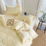 Qfdian  Korean Princess Yellow Bedding Set For Women Double Ruffle Lace Duvet Cover Full Queen Solid Color Comfortable Bed Sheet Set