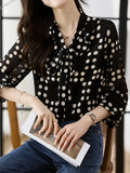 Qfdian  Spring Autumn Polka Dot Chiffon Shirts Women Bowtie Long Sleeve Black Blouse Elegant Office Ladies Causal Women Outfits