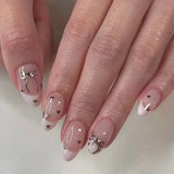 Qfdian 24Pcs Nude Pink Nail Tips Short Round Head False Nails with Design Wearable Finished Fake Nails Full Cover Press on Nails
