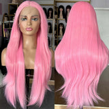 Qfdian Hot Pink Long Straight Layered Wigs for Women Synthetic Lace Front Wig Natural Wavy Hair Long pink Wigs for Daily Party Cosplay