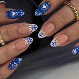 Qfdian  24pcs Simple Blue Bowknots Press On Nails Glossy White Edge French Style Flower Brid Pattern Spring False Nails Almond Fake Nail