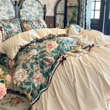 Qfdian Vintage French Flower Prints Ruffles Bow Princess Romantic Bedding Set 100% Cotton Duvet Cover Bed Skirt Bedspread Pillowcases
