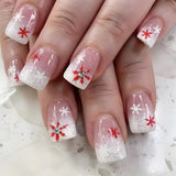 Qfdian  24pcs Merry Christmas Press On Nails Glitter Blue Short Square False Nail With Snowflake Designs French Fake Nail For Women