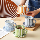 Qfdian  280ml/9.5oz afternoon tea coffee cup, Minimalist striped hand drawn cup and plate set, ceramic milk coffee cup, household drinki