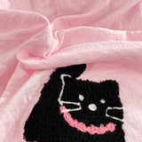 Qfdian Korean Style Pink Bedding Set Black Cat Embroidery Washed Cotton  Duvet Cover Cute Cardboard  Bed linen Comforter Sets