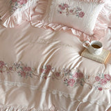 Qfdian Rose Flowers Embroidery Lace Ruffles Luxury Bedding Set 1000TC Egyptian Cotton Duvet Cover Set Flat/Fitted Bed Sheet Pillowcases