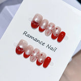 Qfdian  10pcs Handmade Red French Press on Nails Christmas Cat Eye Fake Nail Wearable European Winter Glitter Diamond Decor False Nails