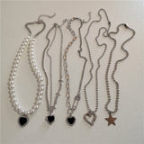 Qfdian  Kpop Vintage Goth Punk Heart Pendant Chain Pearl Metal Necklace For Women Collares Aesthetic Grunge EMO Jewelry Y2K Accessories
