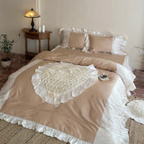 Qfdian  Raised Rose Embroidery Lace Ruffle Princess Bedding Set 1000TC Egyptian Cotton Duvet Cover Flat Sheet Pillowcases 4Pcs