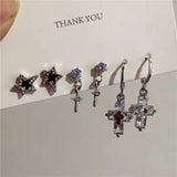 Qfdian  6PCS Set Silver Color Crystal Cross Star Dangle Earrings Vintage Geometric Drop Earring For Women Men Trendy Y2K Goth Jewelry