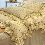 Qfdian 2/3Pc Korean Princess Style Floral Ruffles Bedding Set Single Queen Size Soft Skin-friendly Washed Cotton Duvet Cover Pillowcase