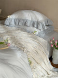 Qfdian French Lace Ruffles Princess Wedding Bedding Set Pure Cotton Double Layer Yarn Soft Duvet Cover Flat/Fitted Bed Sheet Pillowcase