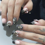 Qfdian  Y2K Star Press on Nails Gradient Black Fake Nails Medium Length Square False Nails Moon Designs for Women Girls Party Daily Use