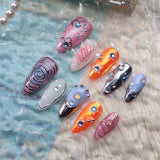 Qfdian  10pcs Handmade Press On Nails 3D Colorful Summer Sea Starfish Designs False Nail Patches For Women  Wearable Almond Fake Nails