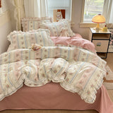 Qfdian Princess Style Lace Ruffles 100% Cotton Bedding Set Floral Pastoral Style Duvet Cover Flat/Fitted Bed Sheet Pillowcases 3/4Pcs