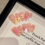 Qfdian  Pink Strawberry Press on Nails Handmade Flower Fake Nails Gradient Color Medium Length Square False Nails for Women Girls