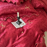 Qfdian  Bow Embroidery Luxury Wedding Bedding Set Red Jacquard Egyptian Cotton Duvet Cover Flat Bed Sheet Pillowcases 4Pcs