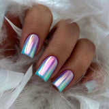 Qfdian  24pcs Cat Eye Chrome Press on Nails Short Almond Acrylic Fake Nails with Colorful Design Full Cover Aurora Glitter False Nails