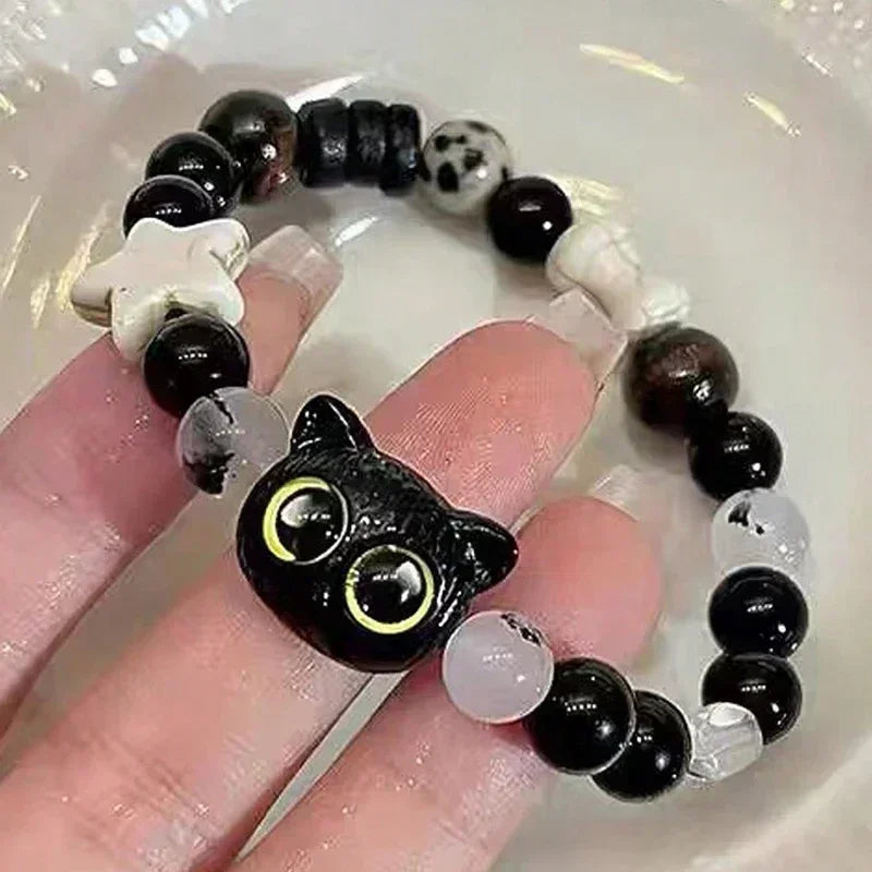 Cute Natural Stone Black Cat Bracelet for Women Men Fashion Cartoon Animal Beaded Bracelets Handmade Fashion Girl Jewelry Gifts