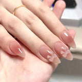 Qfdian 24Pcs Solid Nude Color Fake Nails with Jelly Glue Short Almond Press on False Nails Wearable Oval Finished Full Cover Nail Tips