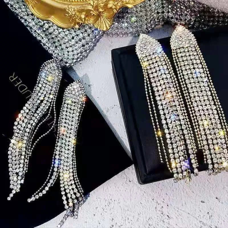 New Classic Shiny Crystal Earrings Ladies Exaggerated Long Earrings Tassels Rhinestone Earrings Fashion Korean Earrings Jewelry