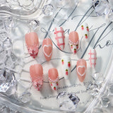 Qfdian Handmade Wearable Press On Nails French Medium Oval Artificial False Nails Love Gemstone Charms Manicure Ballerina Finger Art