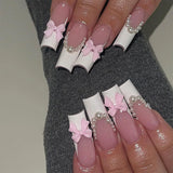 Qfdian 24Pcs Extra Long Square Fake Nail with Glue 3D Little Bear Bow Design False Nails White French Press on Nails Wearable Manicure