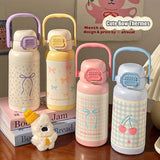 Qfdian  700ML Cute Bow Thermo Water Bottle For Girls Portable Handle 316 Double Drinking Outdoor Sports Straw Vacuum Thermal Bottle Gift