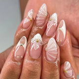 Qfdian  24Pcs Mid-length 3D Flowers Design Fingertips Sweet Butterfly Yellow Ripple Almond False Nails Detachable Full Cover Press Ons
