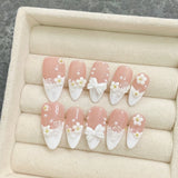 Qfdian 10Pcs Aurora Handmade False Nails with Jelly Glue Long Almond Fake Nail Art Shell Design Press on Nails Full Cover Manicure Tips