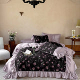 Qfdian 1000TC Egyptian Cotton Vintage Rose Prints Pleated Ruffles Purple Bedding Set Duvet Cover Flat/Fitted Bed Sheet Pillowcases 4Pcs