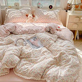 Qfdian  INS Princess Bedding Set New Soft Wrinkled Double-layer Bed Flat Sheet Twin Queen Size Duvet Set Pillowcase Bed Linens