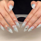 Qfdian  24pcs Press on Fake Nails Set Almond Wearable Simple French Flower False Nail Art Gold Beads Design Diamond Manicure Tips