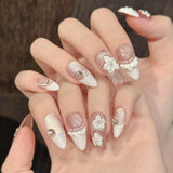 Qfdian  10pcs Handmade Almond Press on Nails with 3D White Petals Design Fake Nails Wearable Detachable Pink Cat Eye French False Nails