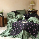 Qfdian 1000TC Egyptian Cotton Vintage Rose Prints Pleated Ruffles Purple Bedding Set Duvet Cover Flat/Fitted Bed Sheet Pillowcases 4Pcs