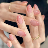 Qfdian 24Pcs Nude Pink Nail Tips Short Round Head False Nails with Design Wearable Finished Fake Nails Full Cover Press on Nails